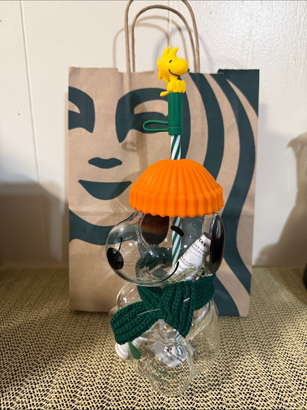 Starbucks Clear Snowman Vase with Orange Hat and Green Scarf